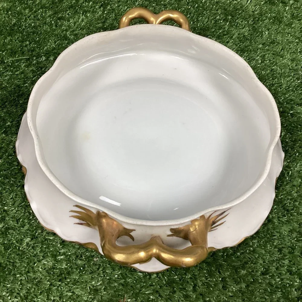 Antique Haviland Limoges Gold & White Porcelain Tureen Covered Bowl